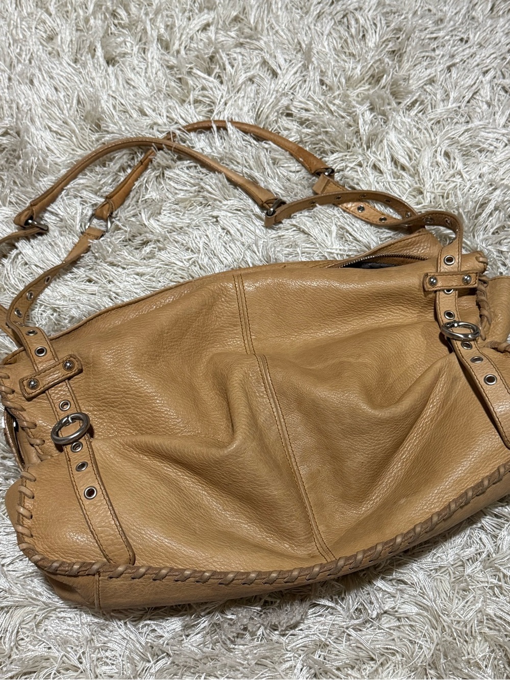 Furla Italian Leather Slouchy Hobo Shoulder Bag Whipstitch Tote - Picture 6 of 11